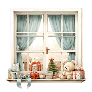Christmas Windows Clipart | 10 JPG | Watercolor Holiday Decoration Windows JPG Digital Download Watercolor Window Scrapbooking JPG