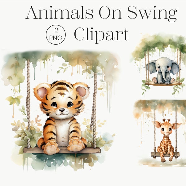 Baby Animals on Swings Set of 12 transparent PNG, Cute Safari Animals Clipart, Commercial Use, Nursery Animals Baby Showers