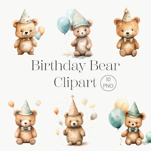 Aquarell Geburtstag Teddybär mit Luftballons Clipart Sammlung für die kommerzielle Nutzung | Baby-Geschenk-Dekor-Spielzeug-Ballons Neugeborene Baby-Duschen