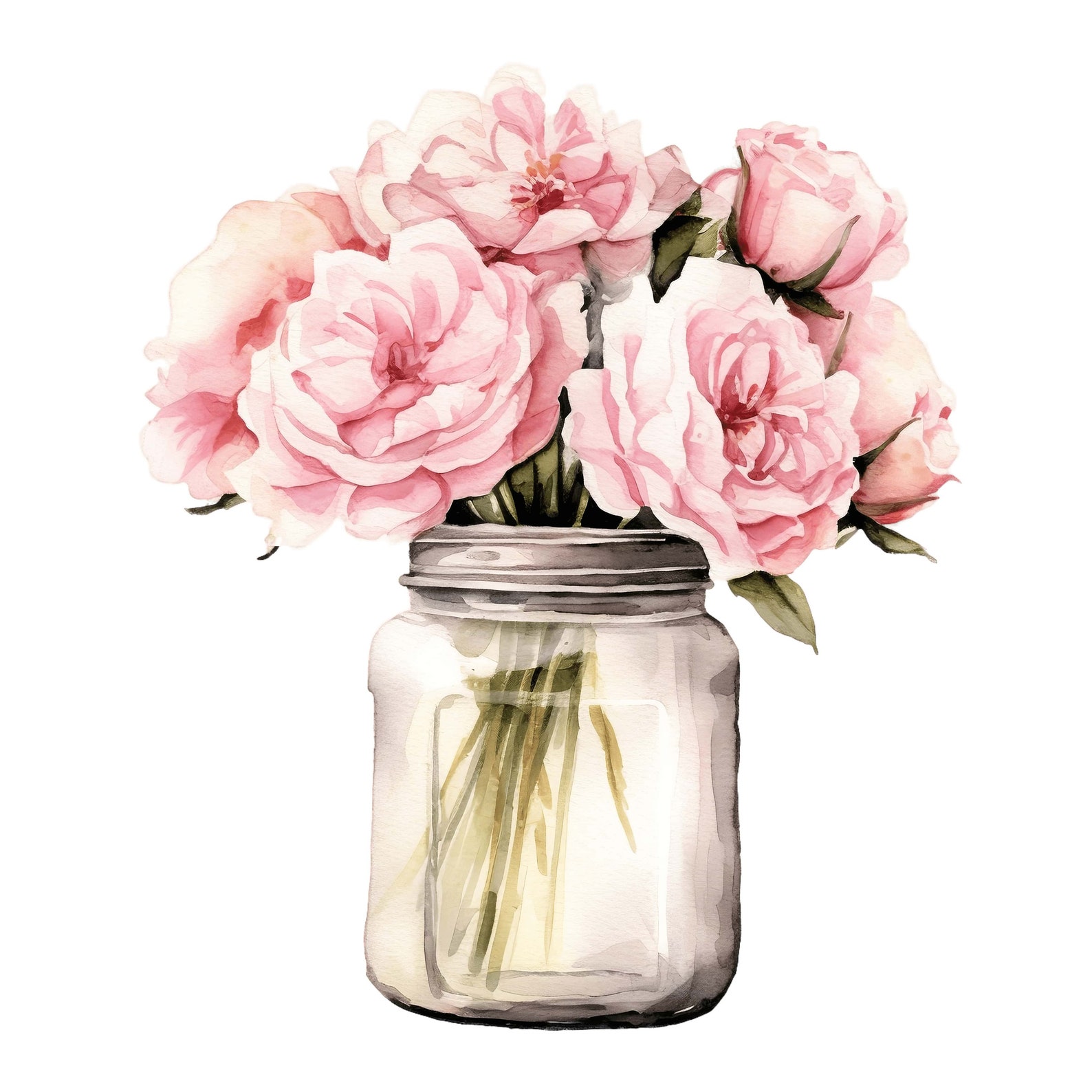 Pink Roses Watercolor Clipart | Floral Bouquet in Glass Vase (digital ...