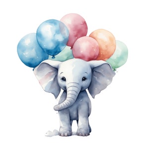 Baby Elephant Balloons Clipart | 10 JPG | Watercolor Birthday Clipart ...