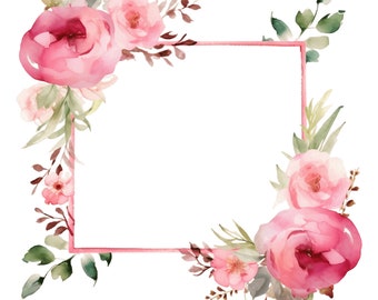 May include: A watercolor floral frame with pink roses and green leaves. The frame is square and has a pink border.
