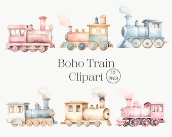 Tren Clipart / 10 PNG / Tren Acuarela Clipart Tren clipart Acuarela Boho Tren Vivero Decoración, Bebé Niño, Es un niño Baby Shower Vivero