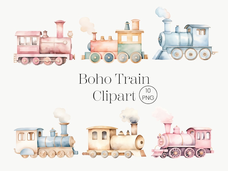 Train Clipart | 10 PNG | Train Watercolor Clipart Train clipart Watercolor Boho Train Nursery Decor, Baby Boy, Its a boy Baby Shower Nursery image 1