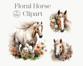 Watercolor Floral Horse Clipart, Farm Animal PNG (Digital Download)