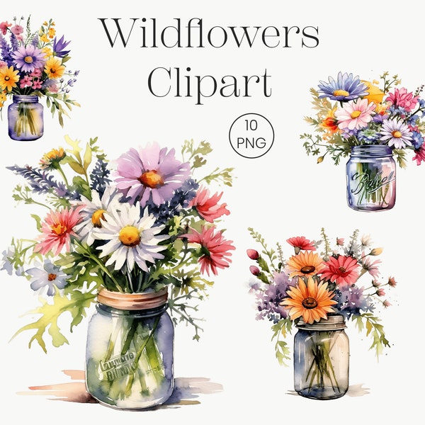 Wildflower Bouquet in Jar | 10 High Quality Transparent PNG | Colorful Wildflower Bouquet Clipart Spring Flowers Clip Art Card Making