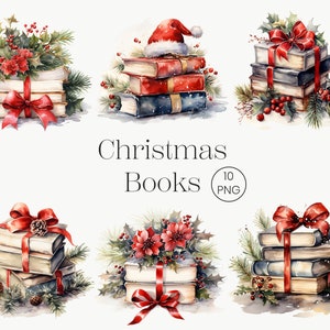 Peut inclure: Un ensemble de 10 illustrations aquarelle de livres de Noël avec des nœuds rouges, du houx et des branches de pin. Les livres sont empilés et attachés avec des rubans rouges. Les illustrations sont parfaites pour ajouter une touche festive à vos projets de vacances.