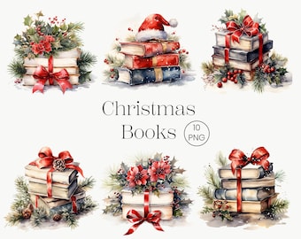 Acuarela Navidad Libros Clipart 10 PNG Invierno Navidad Clip Art, Pila de Libros, Lectura Clipart, Clipart Festivo, Libros Vintage PNG