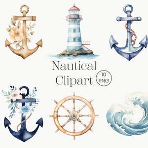 Clipart náutico / 10 PNG / Acuarela Boho Clipart Mar Clipart Ancla Clipart PNG Océano Clipart Ola Oceánica PNG Ancla Clip Art