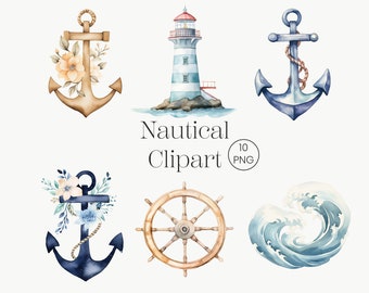 Puede incluir: Conjunto de imágenes prediseñadas de acuarela con elementos náuticos, incluyendo anclas, un faro, un timón de barco y una ola. Las anclas están decoradas con arreglos florales en azul y beige.