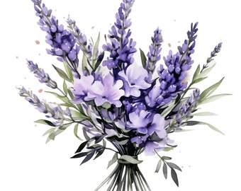May include: A watercolor painting of a bouquet of lavender flowers. The flowers are a light purple color and are arranged in a loose, natural style. The stems are green and are tied together with a ribbon.