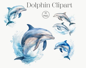 Watercolor Dolphin Clipart | Sea Animal PNG Bundle (10 Files)