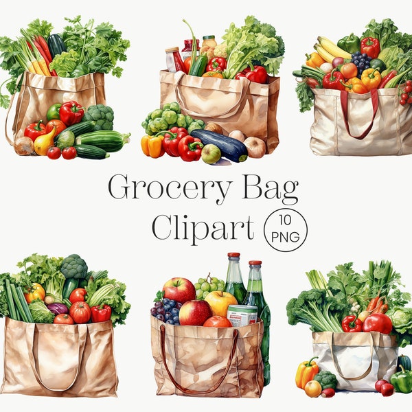 Watercolor Grocery Bag Clipart 10 PNG French Food, Vegetables, Supermarket Shopping Bag, Printable Graphics, Digital Download