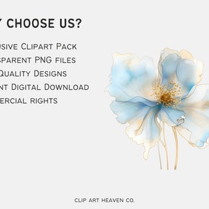 Pu&ograve; includere: Un download digitale di un pacchetto di clipart con fiori blu e dorati in stile acquerello. Il testo "WHY CHOOSE US?" &egrave; in alto nell'immagine, seguito da un elenco di funzionalit&agrave;: "EXCLUSIVE CLIPART PACK", "TRANSPARENT PNG FILES", "HIGH-QUALITY DESIGNS", "INSTANT DIGITAL DOWNLOAD", "COMMERCIAL RIGHTS". Il testo "CLIP ART HEAVEN CO." &egrave; in basso nell'immagine.