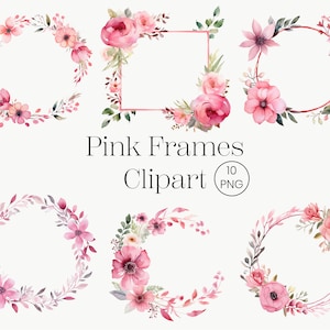 Cornici floreali rosa dell'acquerello, 10 png, Clipart floreale, cornice rettangolare dell'acquerello, Clipart botanico, Clipart dell'acquerello, PNG digitale