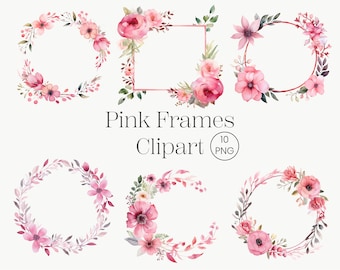 Watercolor Floral Frames Clipart: Pink Flower PNG Set (Digital Download)