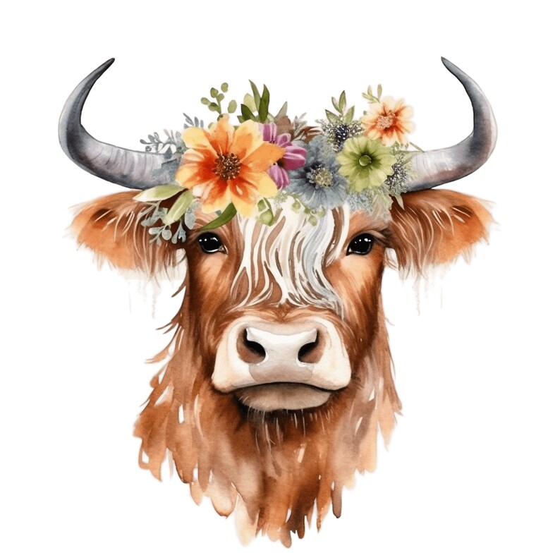 Floral Highland Cow Clipart | Watercolor Farm Animal (digital Download ...