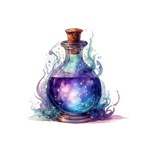 May include: A watercolour illustration of a glass potion bottle with a cork stopper. The bottle contains a swirling galaxy of purple, blue, and white. Wisps of teal and purple surround the bottle, suggesting magical energy. The bottle sits on a silver base.
