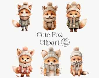 Fox in Wool Hat Clipart 10 PNG Winter Fox Woodland Animal Baby Printable Watercolor clipart High Quality Digital download, Paper craft