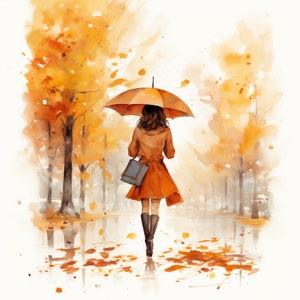 Woman On Street Clipart 10 JPG Woman with Umbrella Autumn Clipart, clipart acquerello stampabile, JPG di alta qualità, download digitale