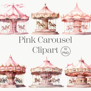 Clipart de aquarela de carrossel | 10 PNG transparentes | Arte de berçário carrossel rosa cavalo carrossel chá de bebê carnaval clipart carrossel pônei menina