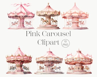 Carousel Watercolor Clipart | 10 Transparent PNG | Nursery Art Pink Carousel Horse Carousel Baby Shower Carnival Clipart Carousel Pony Girl