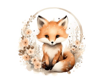 Cute Floral Fox Clipart | 10 JPG | Baby Fox Watercolor Clipart Watercolor Fox Fox clipart Fox JPG Fox Art Fox Fox Digital Animal Baby Shower