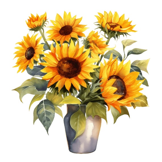 水彩画のひまわりの花束のクリップアート | 花瓶の花 (JPG) - Etsy 日本