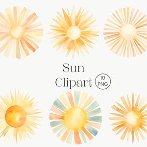Sun Clipart 10 PNG Watercolor Sun Clipart, Sunburst Clipart, Weather Clipart, Boho Sun PNG, Pastel Sun, Digital Download Digital Download