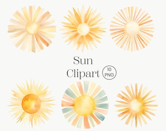 Watercolor Sun Clipart: 10 Boho Sunburst PNGs (Digital Download)