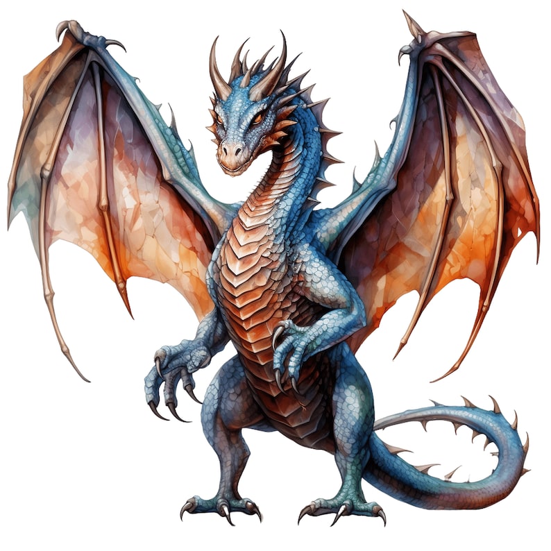 Puede incluir: Un drag&oacute;n azul y naranja con las alas extendidas. El drag&oacute;n tiene una cola larga y garras afiladas. El drag&oacute;n est&aacute; representado en un estilo de acuarela.