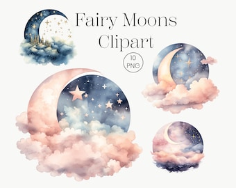 Fairy Moons Clipart | 10 transparent PNG | Heavenly Moons Clipart Magic Galaxy Watercolor Fantasy Clip Art Fairy Watercolor Instant Download
