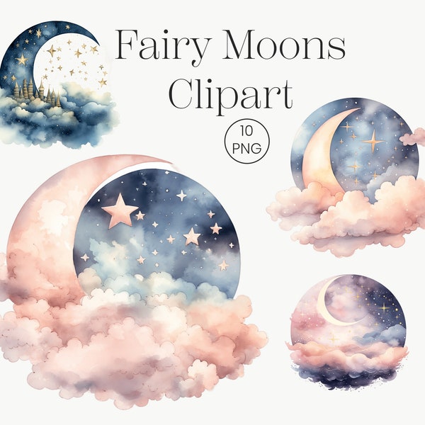 Fairy Moons Clipart | 10 transparent PNG | Heavenly Moons Clipart Magic Galaxy Watercolor Fantasy Clip Art Fairy Watercolor Instant Download