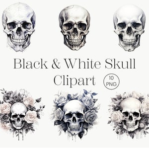 Black & White Skull, 10 Transparent Watercolor Black and White Skull Clip Art PNG, Skull illustration, Fantasy Clipart, Wiccan Clipart