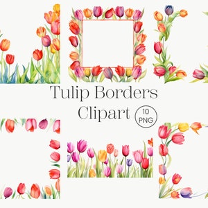 Watercolor Tulips Borders Clipart, 10 PNG Tulip Clipart, Colorful Spring Clipart Tulip PNG Floral Clipart, Sublimation PNG, Digital Download