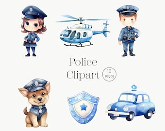 Watercolor Police Clipart: Car, Officer, Dog (Digital Download)