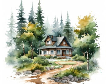 Watercolor Countryside Cottage Clipart | 10 JPG | Landscape Clipart, Rustic Garden Clip Art, Cottage Core, Country Cottage, Digital Download