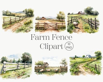 Clipart akwarelowy ogrodzenia farmy | 10 PNG | Clipart farmy | Clipart rustykalnego ogrodzenia stodoły Rustykalna farma PNG Clipart farmy Krajobraz farmy Silos