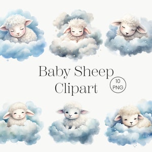 Clipart di pecore dell'acquerello / 10 PNG / Sleeping Baby Sheep Clipart Bambini Clipart Agnello Acquerello Cute Sheep Acquerello Nursery Decor Baby Shower