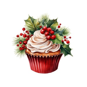 Aquarel Kerst Cupcakes Clipart 10 JPG Kerstafbeeldingen Kerstvoedsel Dessert JPG Zoete lekkernijen Illustratie Digitale Download