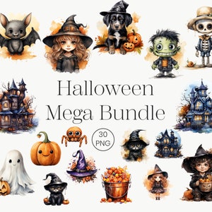 Halloween Clipart Bundle | 30 Transparent PNG | Cute Ghost Vampire Bat ...