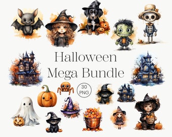 Watercolor Halloween Clipart Bundle | Cute Spooky PNG (Commercial Use)