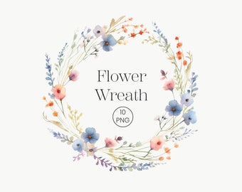 Watercolor Floral Wreath Clipart: Spring Wildflowers (10 PNG)