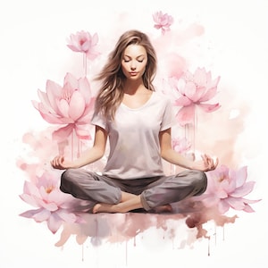 Donna che medita Clipart / 10 JPG / Acquerello Meditazione Stampabile Clip art, Download digitale di alta qualità, Paper Craft, Junk Journal