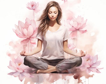 Mujer meditando Clipart / 10 JPG / Acuarela Meditación Clip art imprimible, Descarga digital de alta calidad, Artesanía de papel, Diario basura