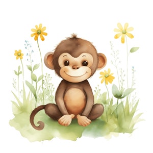 Niedliche Affe Baby Clipart | 10 JPG | Floral Tier Clipart Affe für Kinderzimmer druckbare Aquarell Clipart hoher Qualität digitaler Download