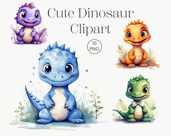 Cute Dino Watercolor Clipart | 10 Dinosaur Baby Showers Transparent PNG, Digital download | Nursery, Kids Wall Art, T-Rex, Baby Dinosaurs