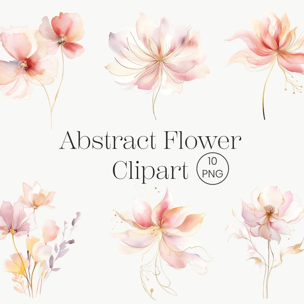 Abstract Flowers Clipart 10 PNG Pink Gold Flower, Wedding Flowers Printable Watercolor clipart, High Quality PNG Digital download