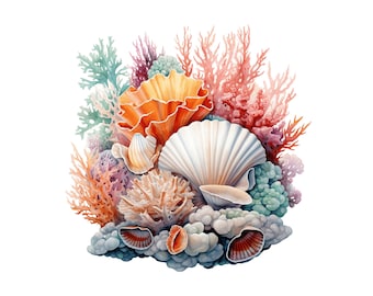 Aquarel Seashell Clipart, 10 jpg, koraalrif schelpen Clipart Oceaan clipart strand Clipart nautische clipart bundel Scrapbook Sea shell
