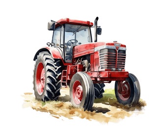 Watercolor Red Tractor Clipart | Retro Farm Art (Digital Download)